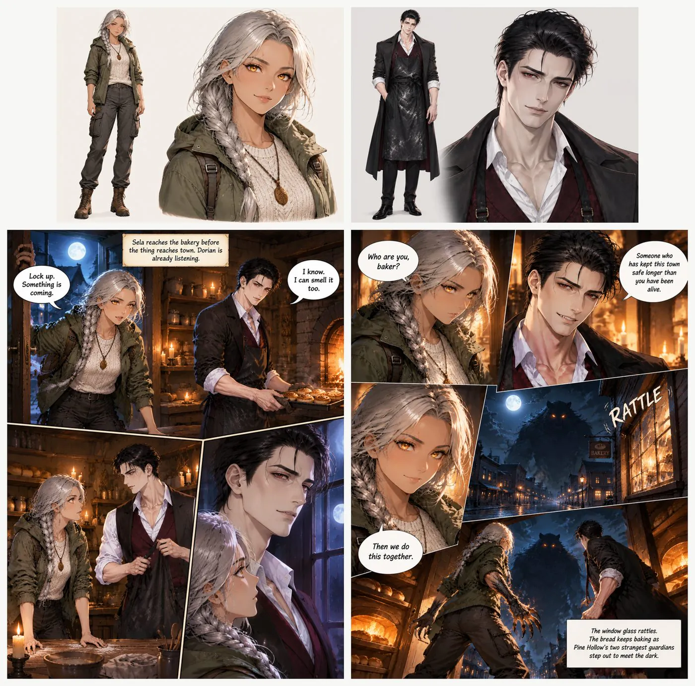 Two character reference sheets above two finished comic pages showing the same two characters