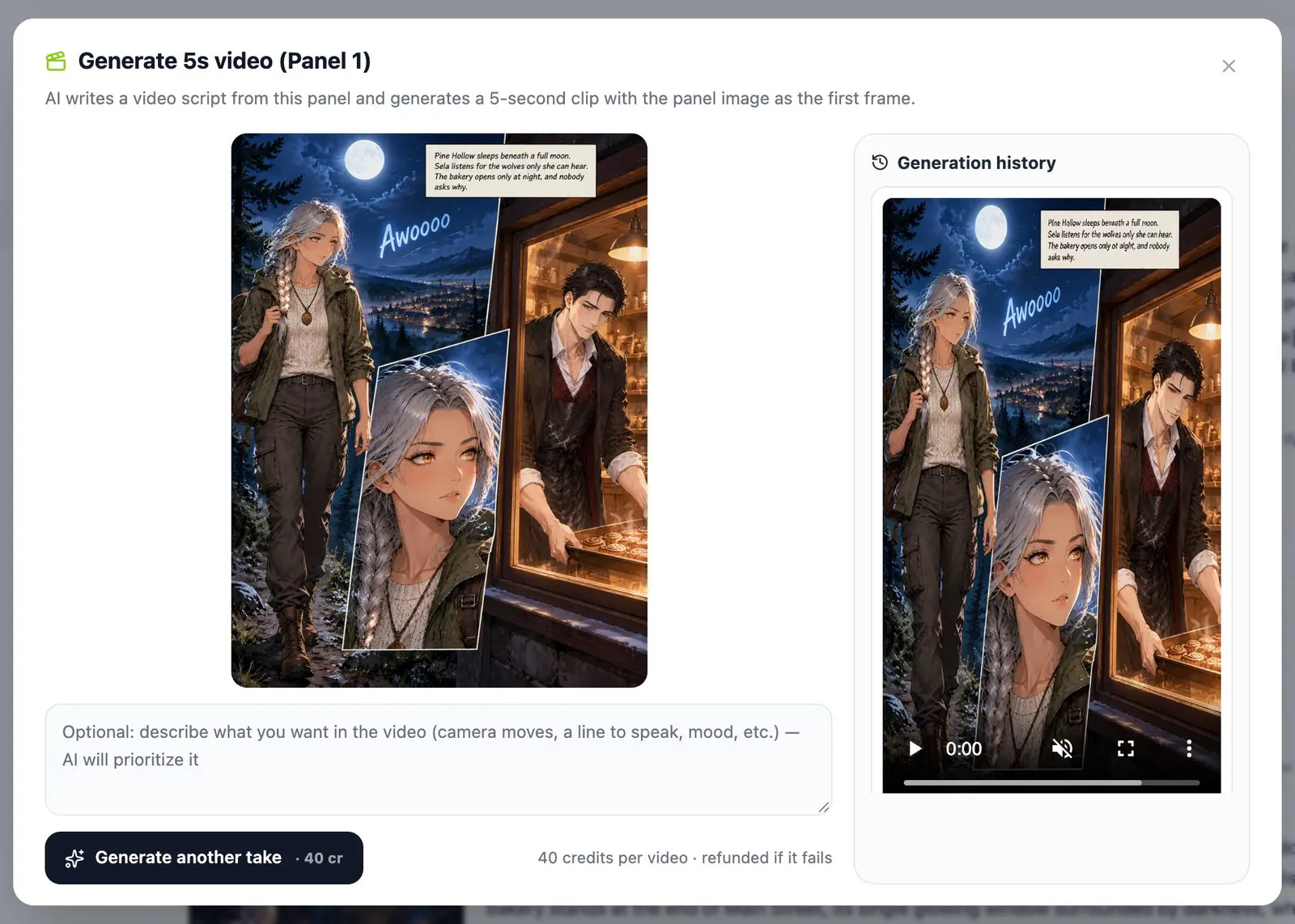 A finished comic page next to the dialog that turns it into a 5-second clip
