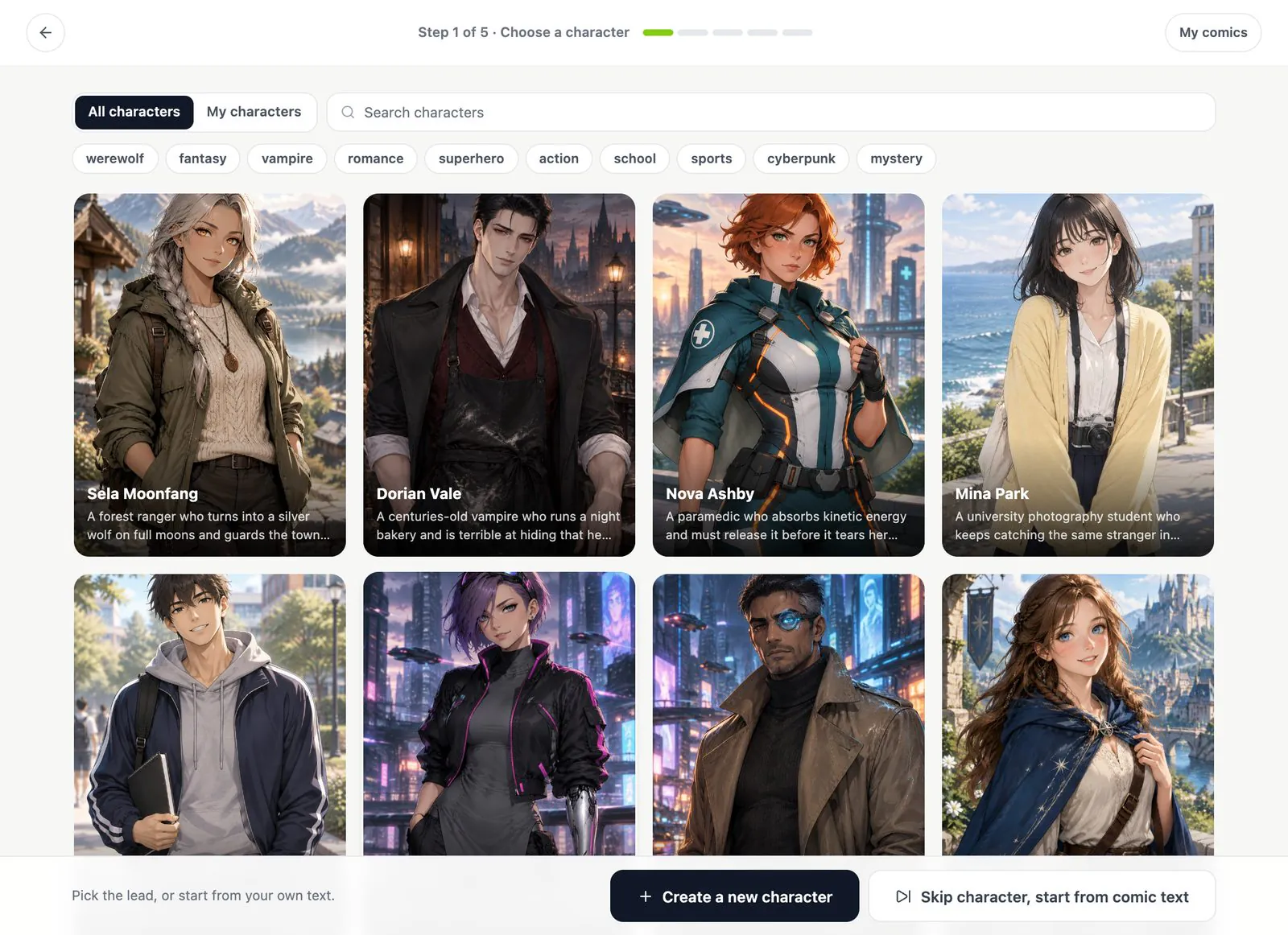 Comic Studio character library with original characters and a Create a new character button