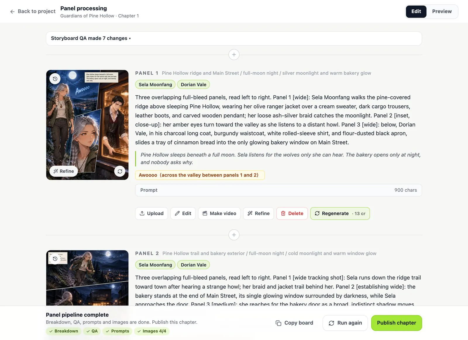 Comic Studio storyboard: each page with its scene, cast, layout, narration, dialogue and sound effects