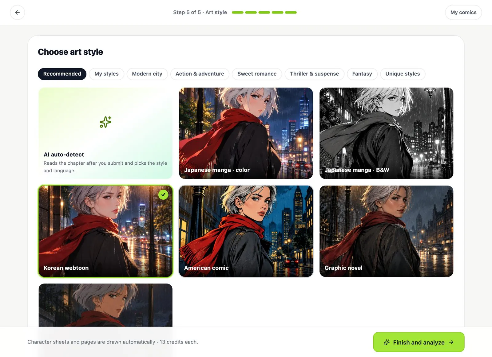 Comic Studio style step with page formats including 4-panel strip and classic grid