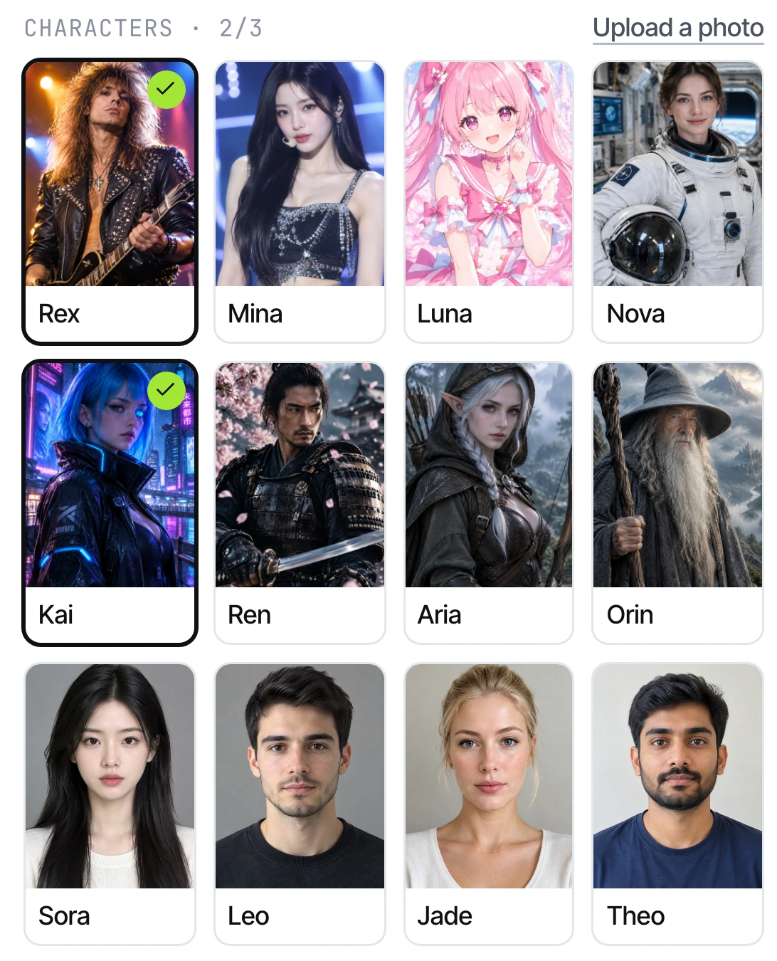 Choosing up to three characters from the original character library