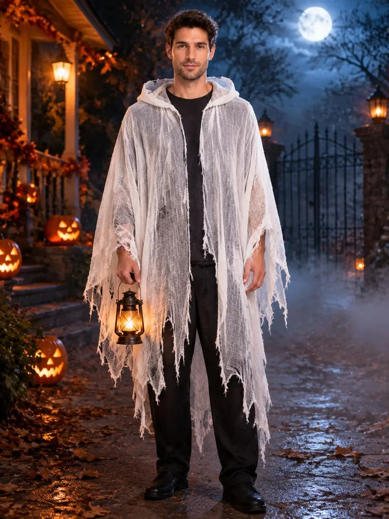 Halloween costume try-on example: original photo and result (ghost)