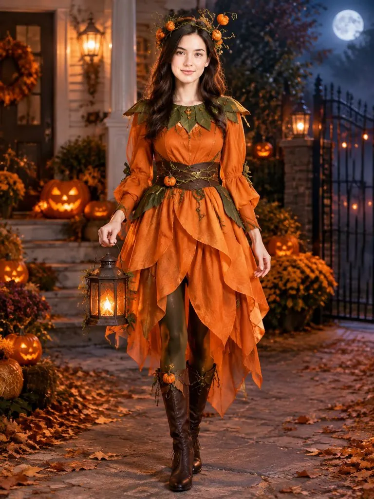 Halloween costume try-on example: original photo and result (pumpkin-sprite)