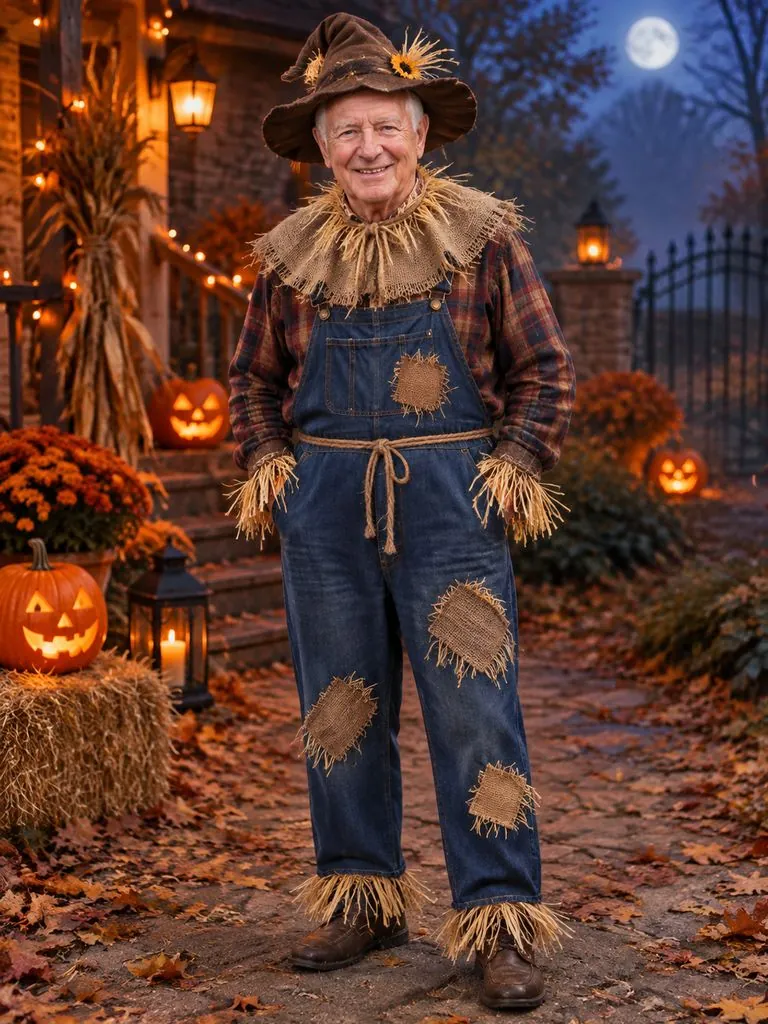 Halloween costume try-on example: original photo and result (scarecrow)