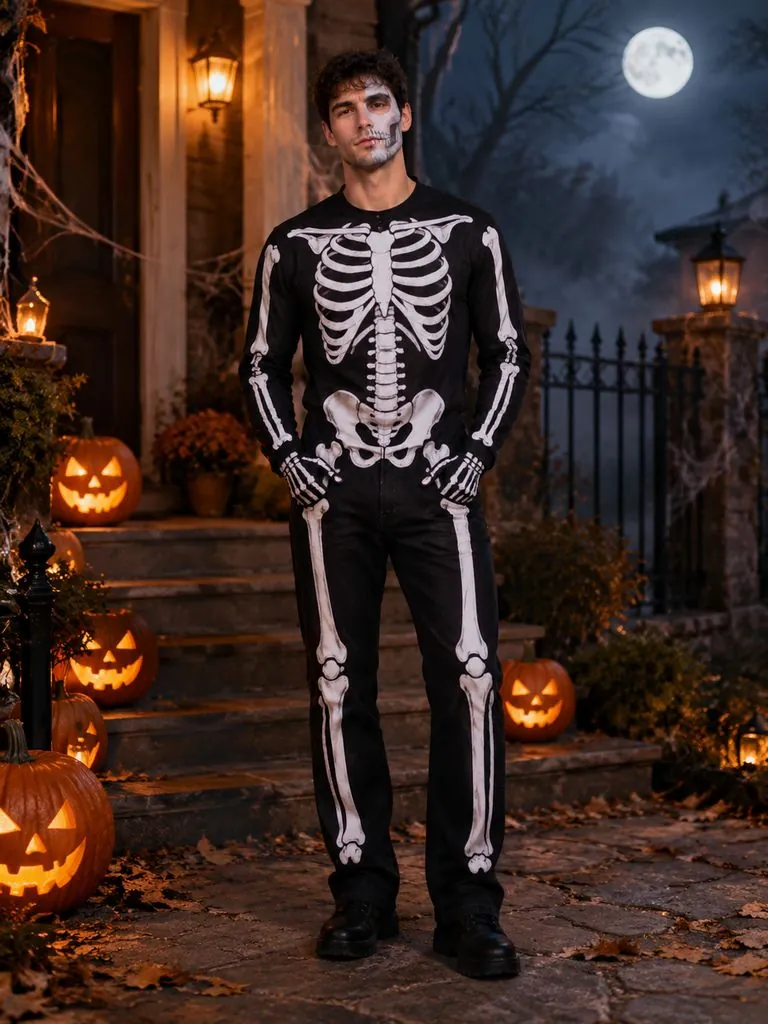 Halloween costume try-on example: original photo and result (skeleton)