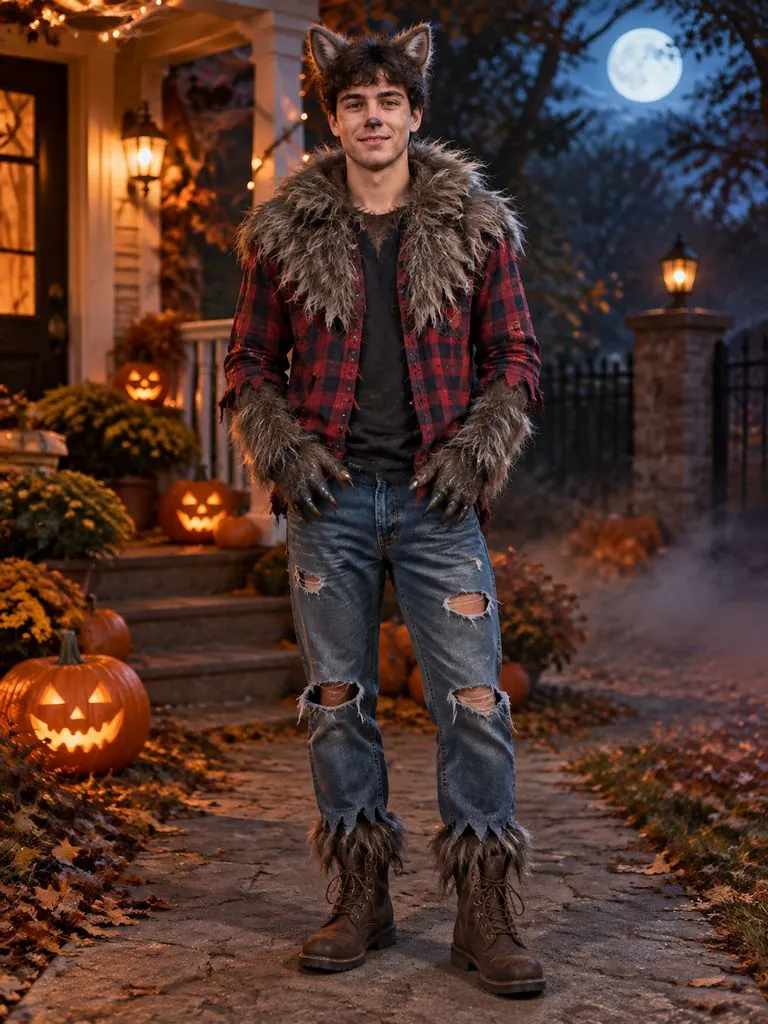 Halloween costume try-on example: original photo and result (werewolf)