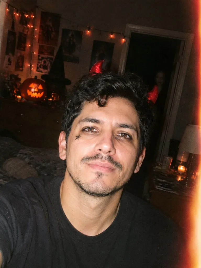 Y2K Halloween selfie example: original photo and result (same person)