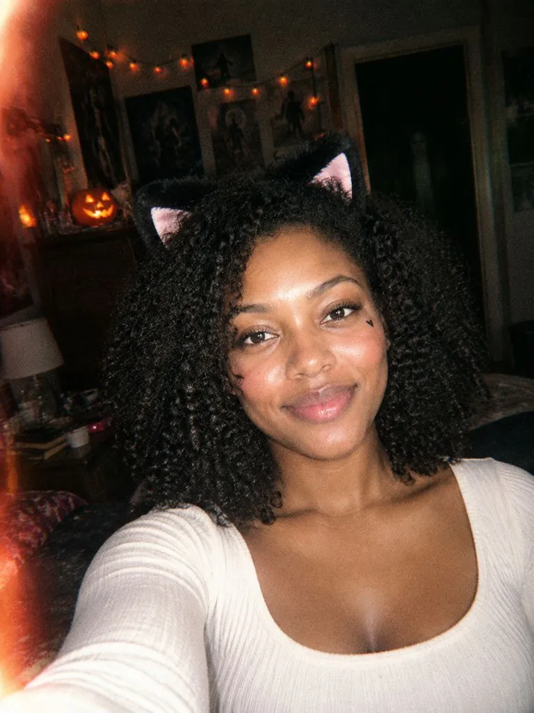 Y2K Halloween selfie example: original photo and result (same person)