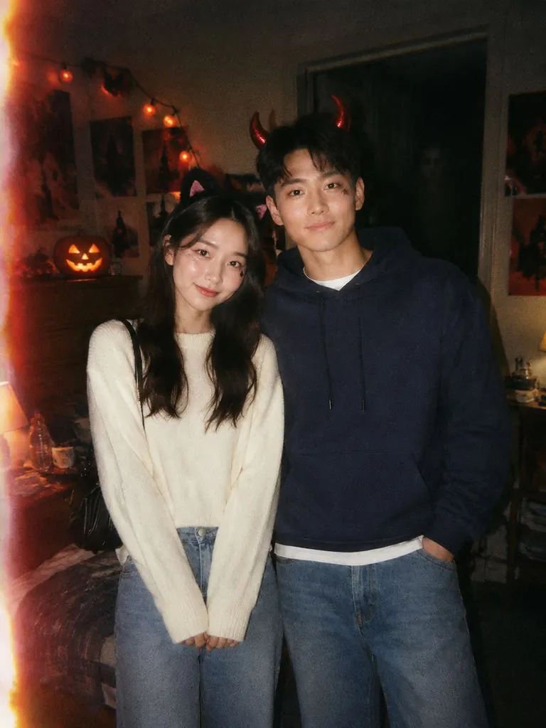 Y2K Halloween selfie example: original photo and result (same person)