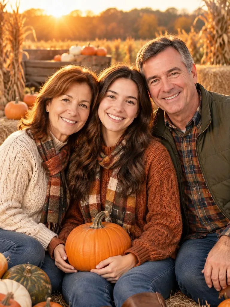 Pumpkin patch photoshoot example: original photo and result (same person)