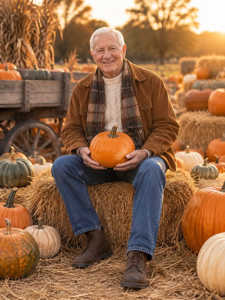 Pumpkin patch photoshoot example: original photo and result (same person)
