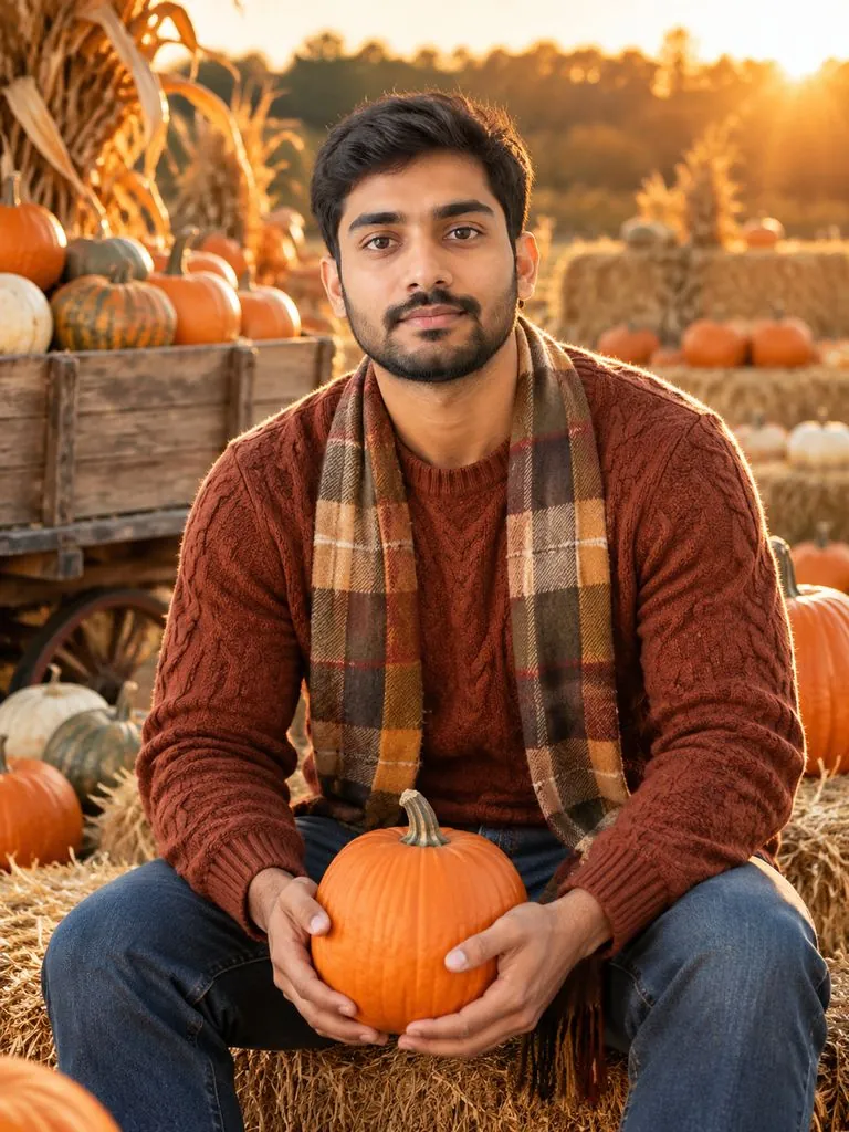 Pumpkin patch photoshoot example: original photo and result (same person)