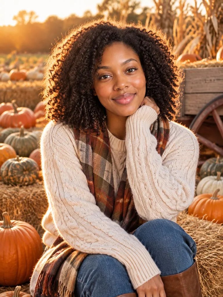 Pumpkin patch photoshoot example: original photo and result (same person)