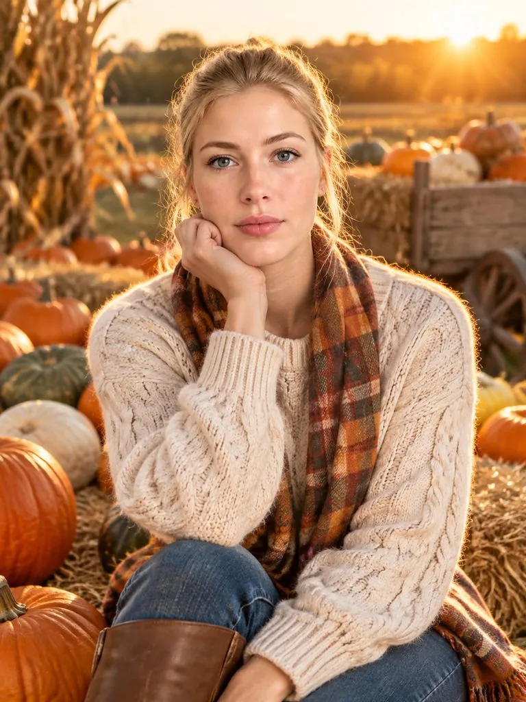 Pumpkin patch photoshoot example: original photo and result (same person)