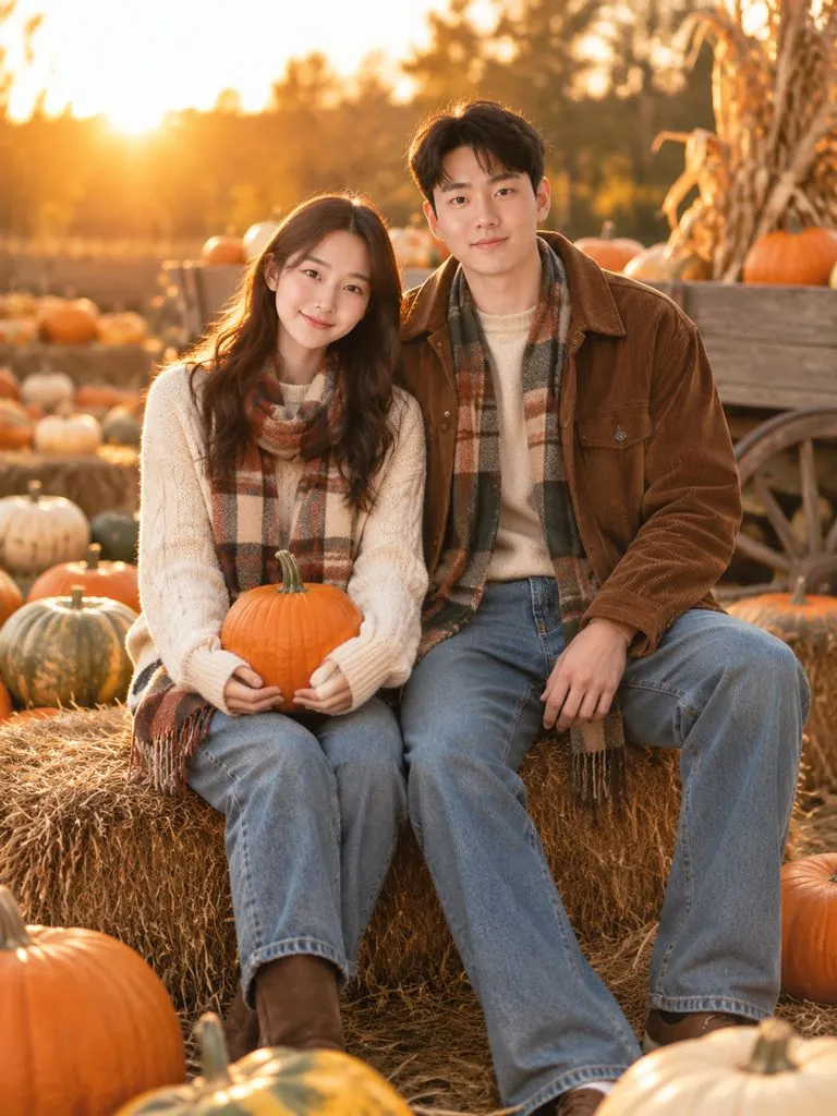 Pumpkin patch photoshoot example: original photo and result (same person)