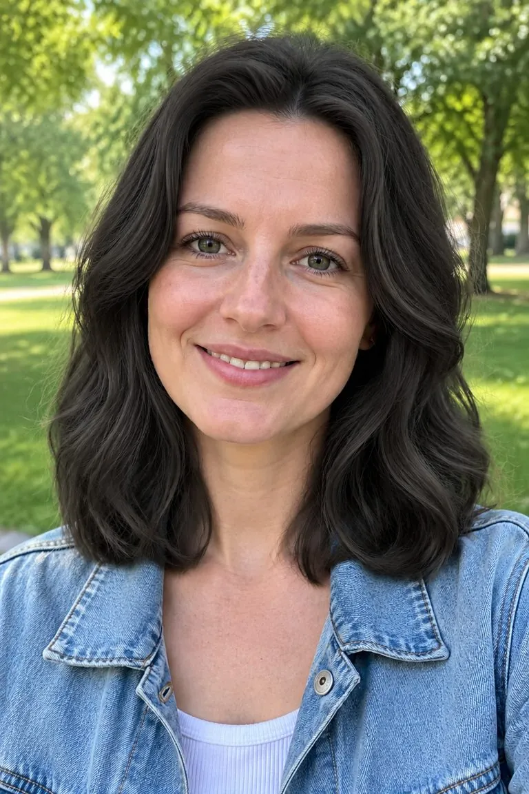 Black hair filter: a woman with shoulder-length light-brown waves, then the same photo with soft black hair