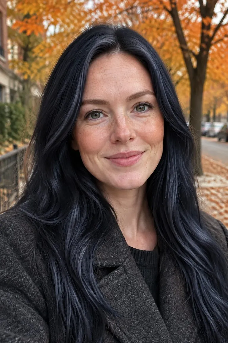 Black hair filter: a woman with long copper-red hair, then the same photo with glossy blue-black hair