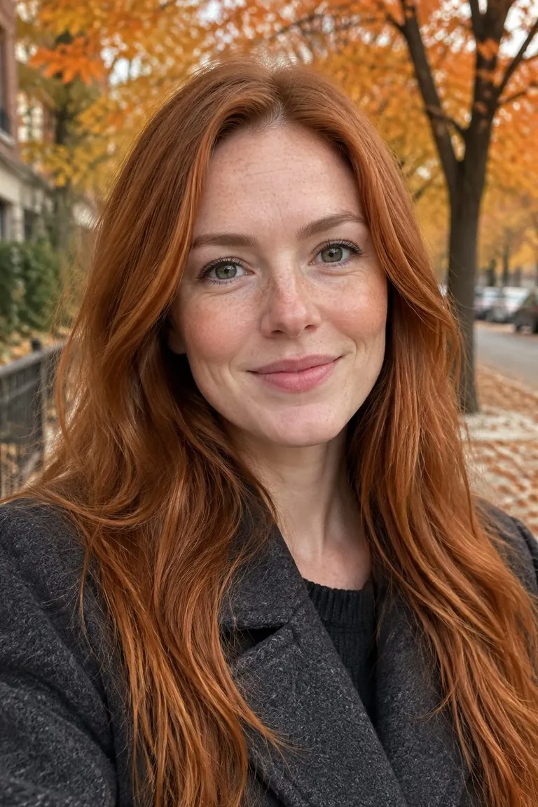 Black hair filter: a woman with long copper-red hair, then the same photo with glossy blue-black hair — original
