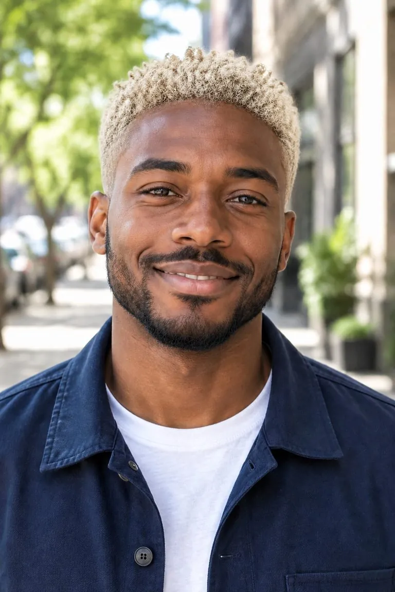 Blonde hair filter: a man with a short dark coily haircut, then the same photo with bleached platinum blonde hair