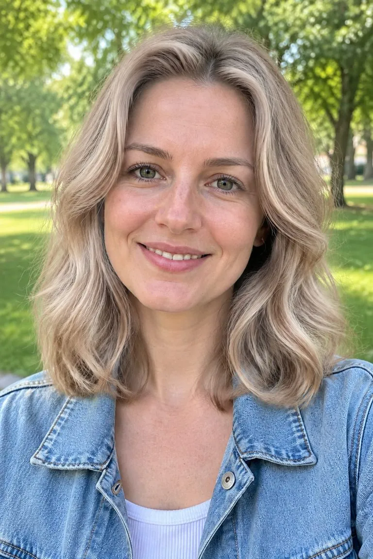 Blonde hair filter: a woman with shoulder-length light-brown waves, then the same photo with light beige blonde hair