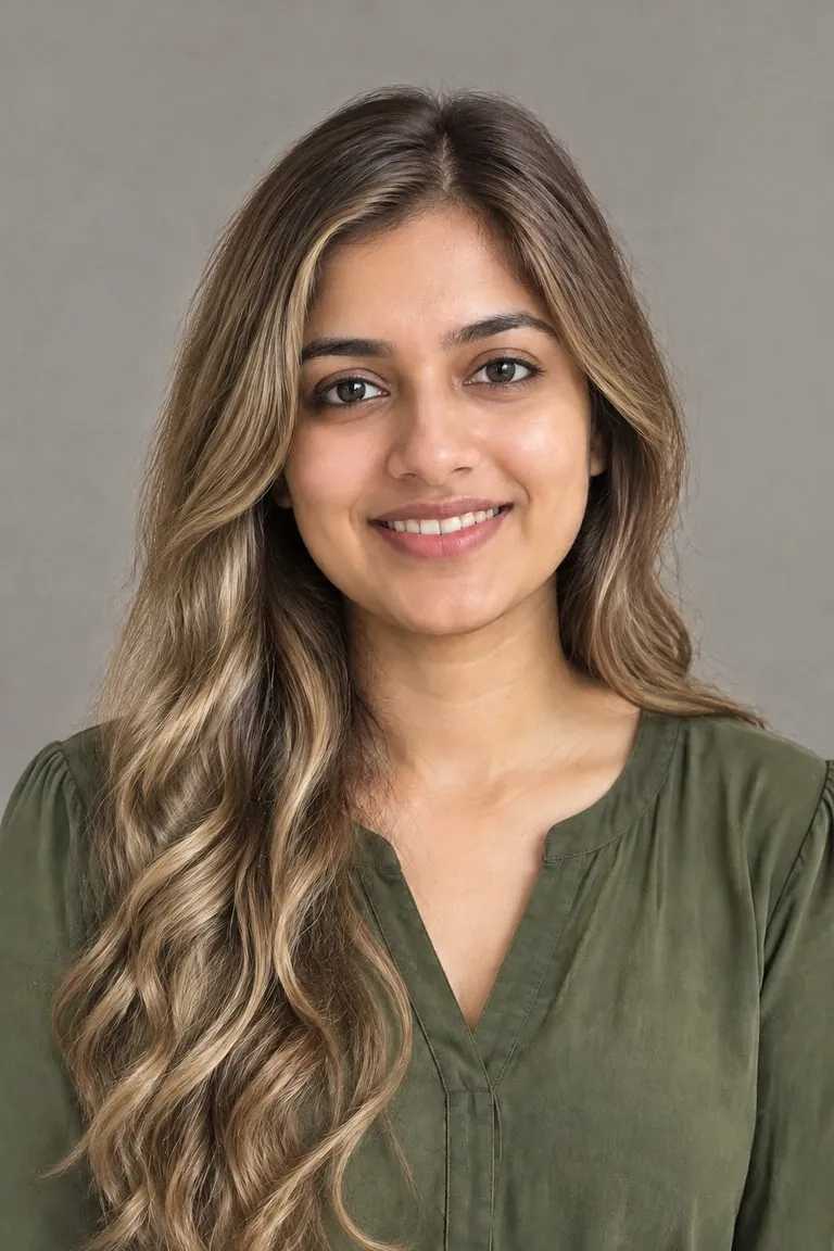 Blonde hair filter: a woman with long black waves, then the same photo with warm honey blonde balayage