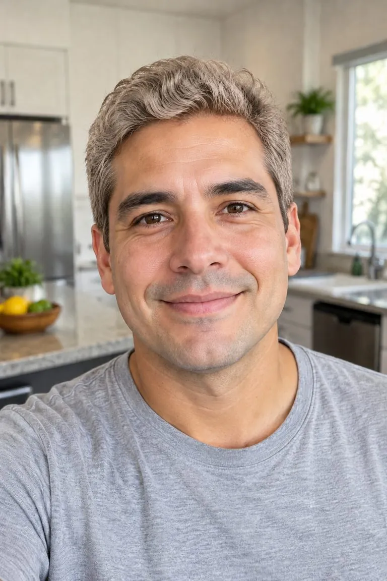 Blonde hair filter: a man with short dark hair, then the same photo with ash blonde hair