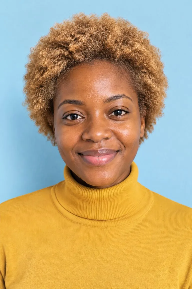 Blonde hair filter: a woman with a short natural afro, then the same photo with golden blonde hair