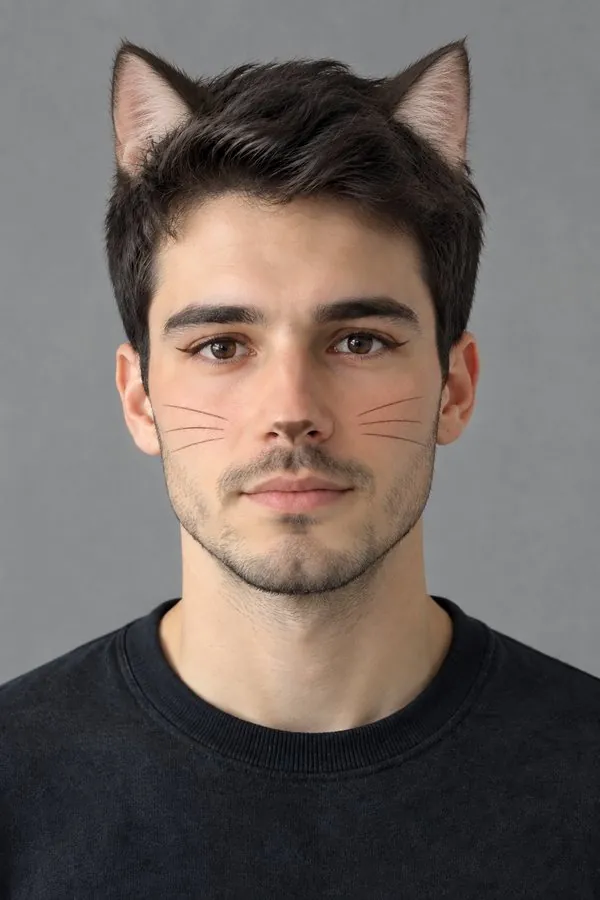 Cat filter result: cat ears matching the hair and cat makeup on the same face