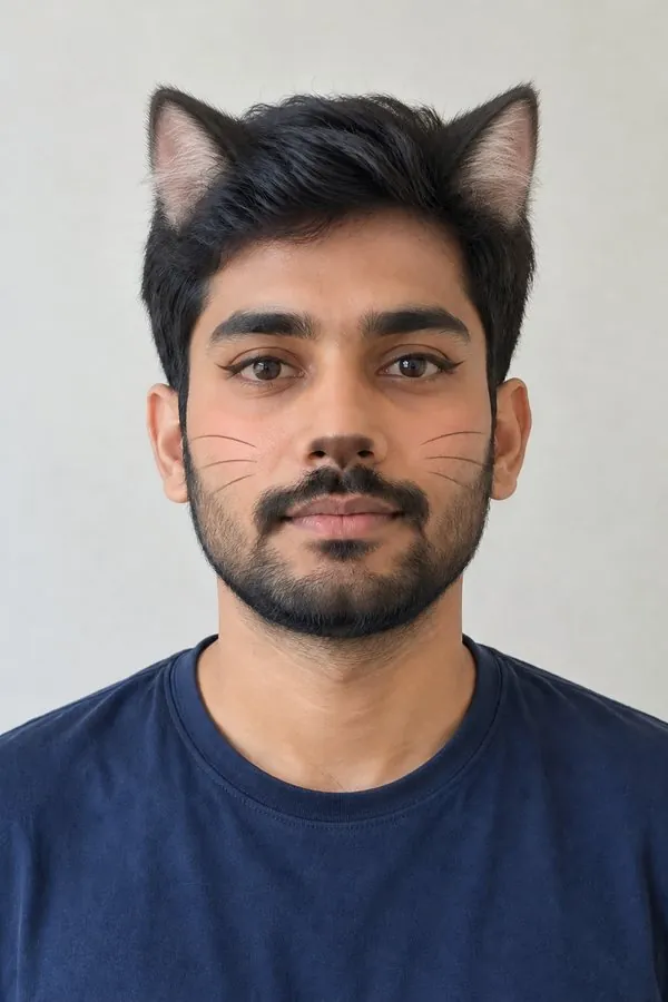 Cat filter result: cat ears matching the hair and cat makeup on the same face