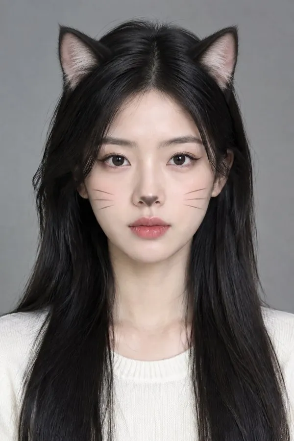 Cat filter result: cat ears matching the hair and cat makeup on the same face