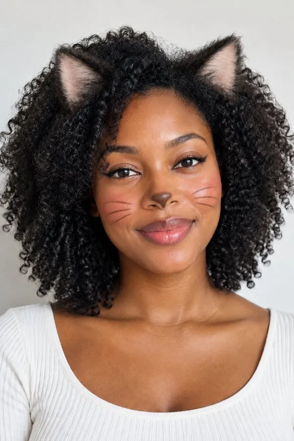 Cat filter result: cat ears matching the hair and cat makeup on the same face