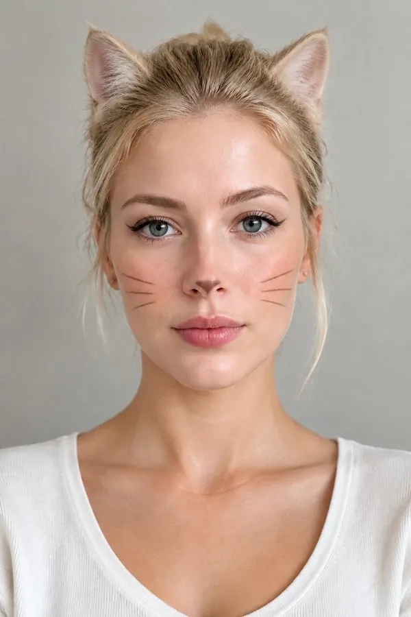 Cat filter result: cat ears matching the hair and cat makeup on the same face