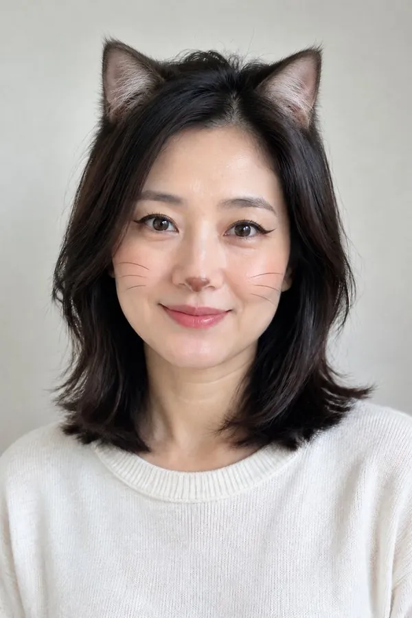 Cat filter: a woman's selfie with cat ears matching her hair, winged liner and drawn-on whiskers