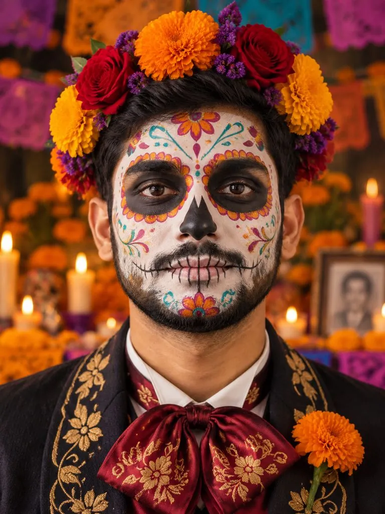 Catrina makeup example: original photo and result (same person)