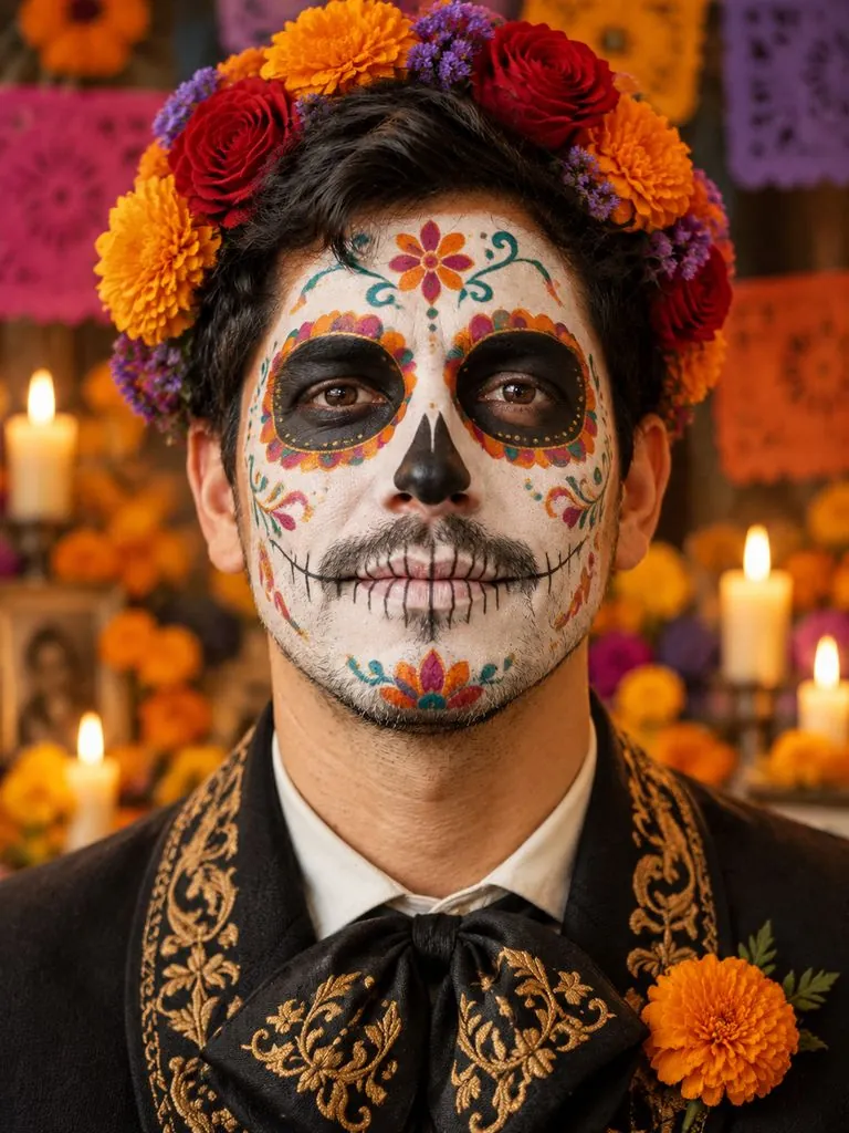 Catrina makeup example: original photo and result (same person)