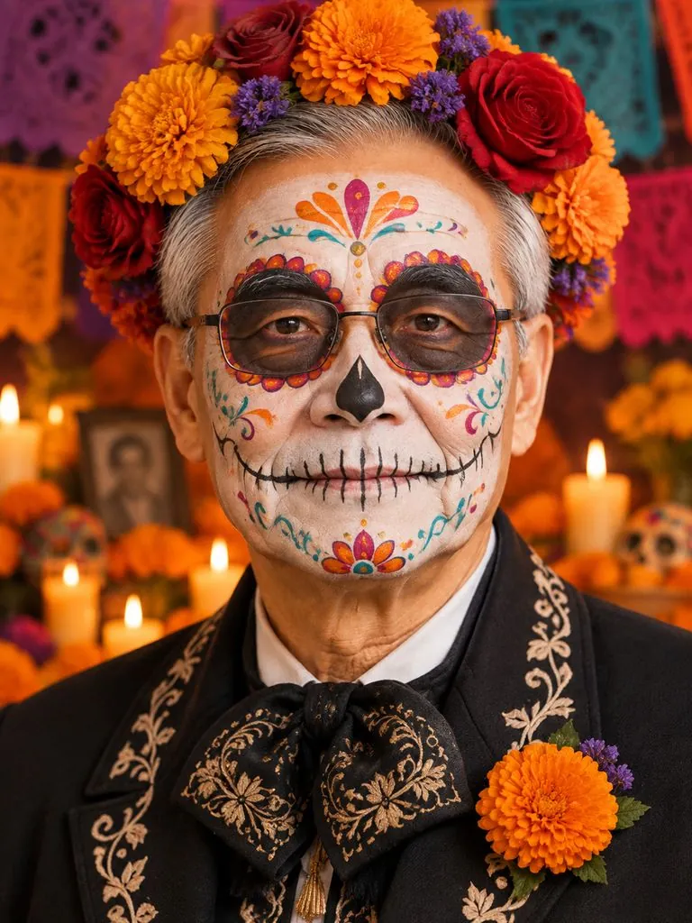 Catrina makeup example: original photo and result (same person)