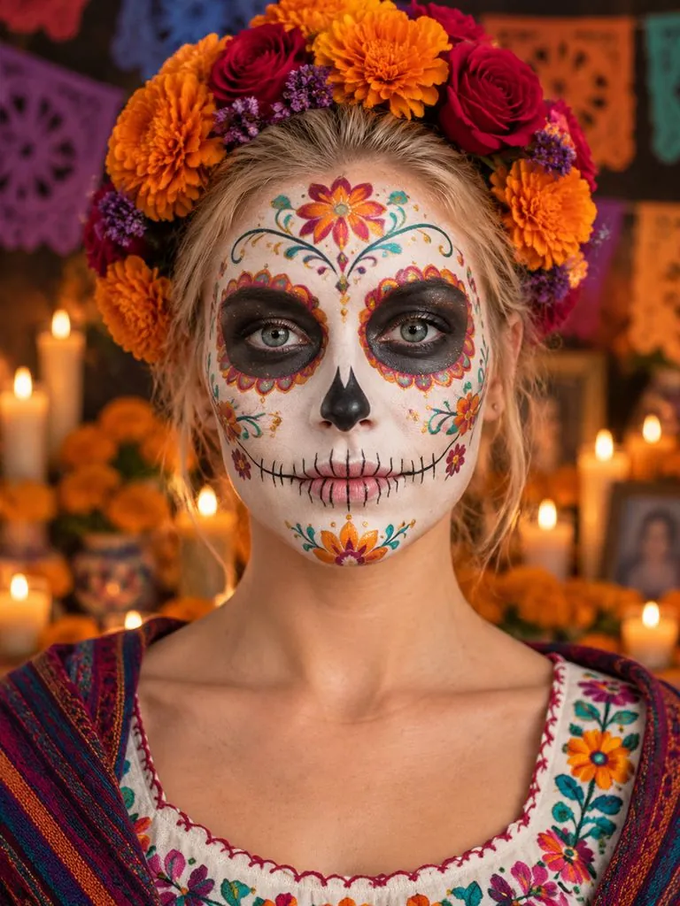 Catrina makeup example: original photo and result (same person)