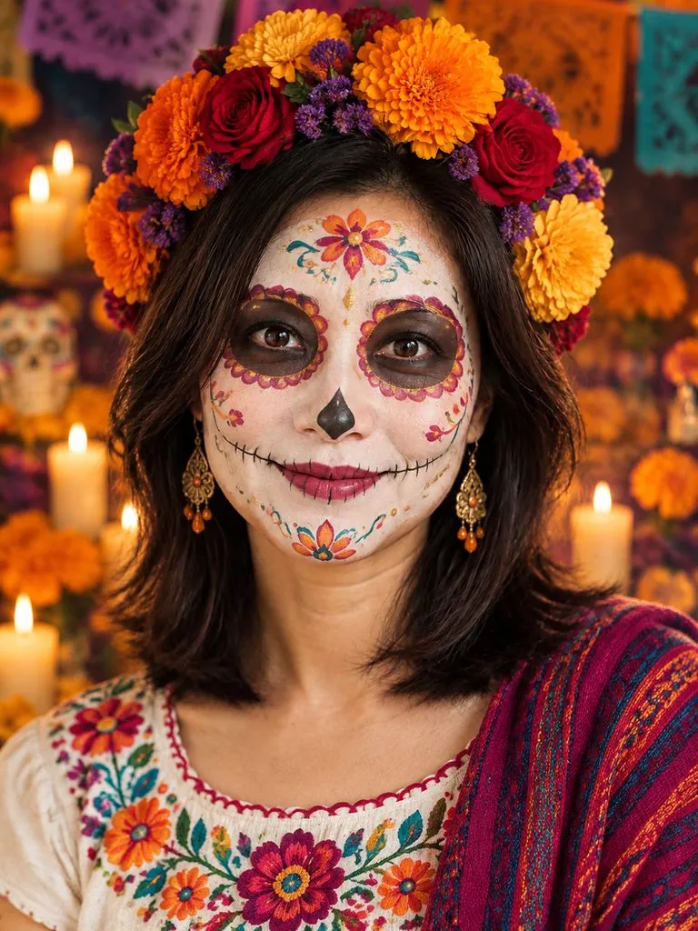 Catrina makeup example: original photo and result (same person)