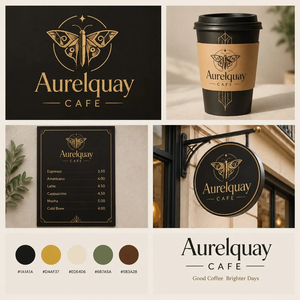 Coffee shop branding board: Aurelquay Cafe, art deco
