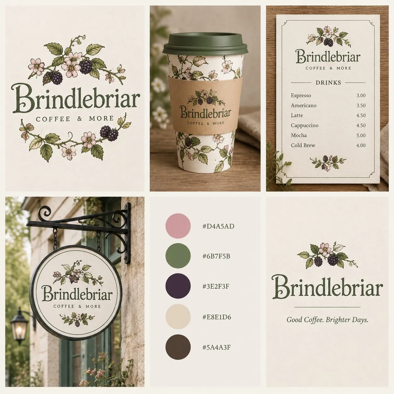 Coffee shop branding board: Brindlebriar, cottagecore