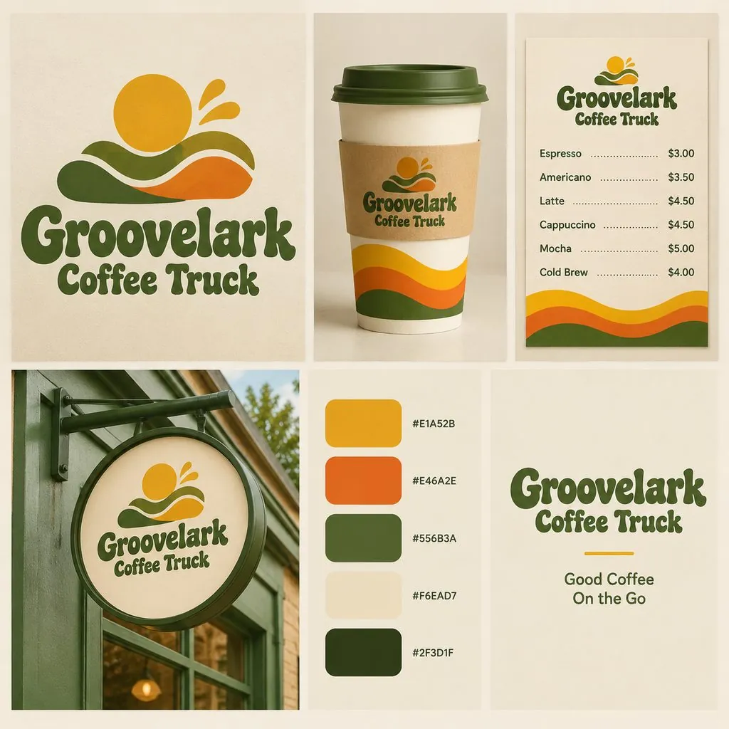 Coffee shop branding board: Groovelark Coffee Truck, 1970s retro