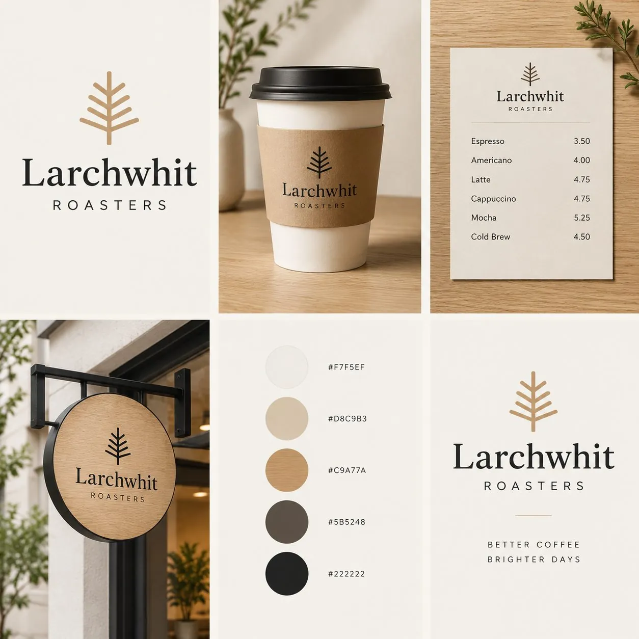 Coffee shop branding board: Larchwhit Roasters, Scandinavian minimal