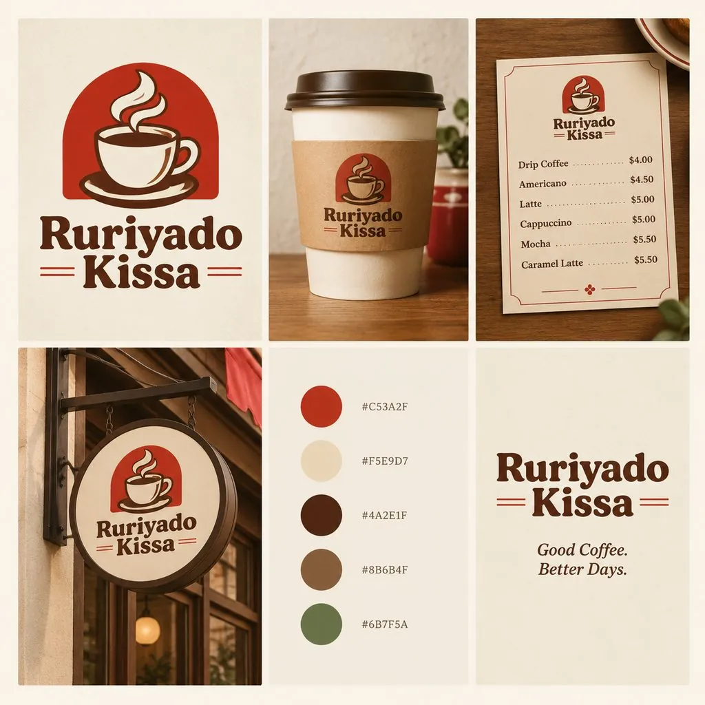 Coffee shop branding board: Ruriyado Kissa, retro Japanese kissaten