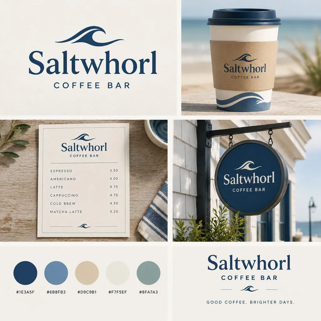 Coffee shop branding board: Saltwhorl Coffee Bar, coastal