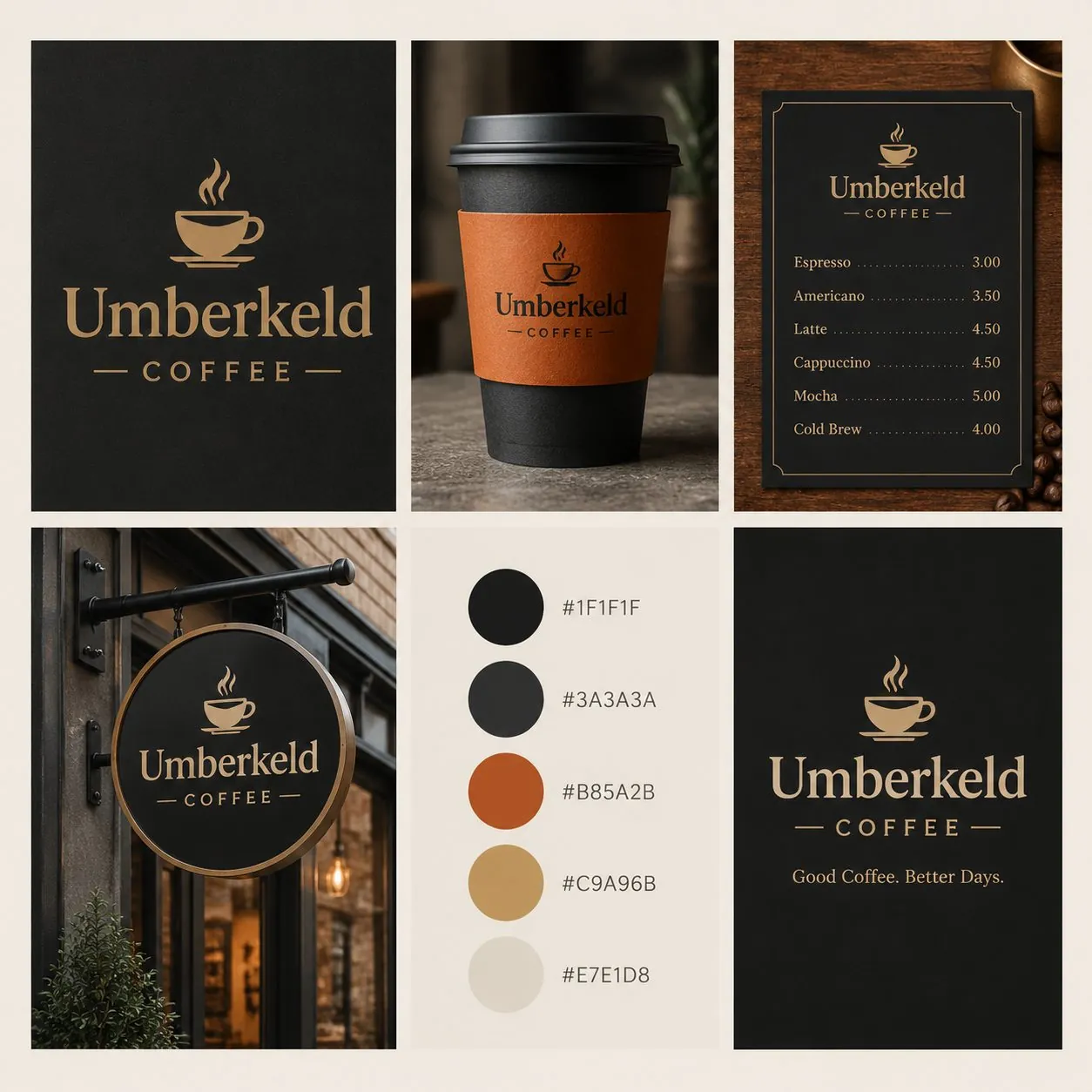 Coffee shop branding board: Umberkeld Coffee, dark and moody