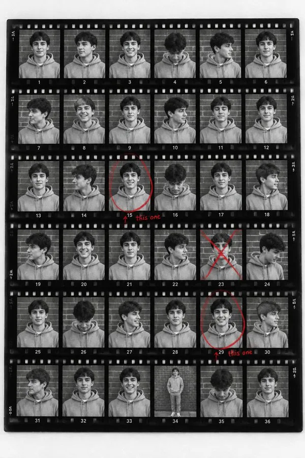 Contact sheet made from one photo, black-and-white frames with red pencil marks