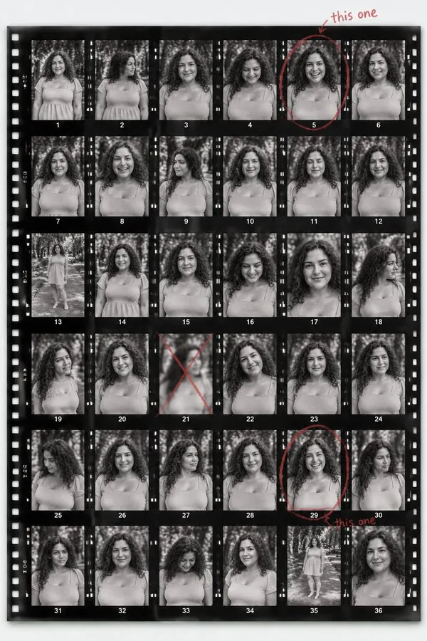 Contact sheet made from one photo, black-and-white frames with red pencil marks