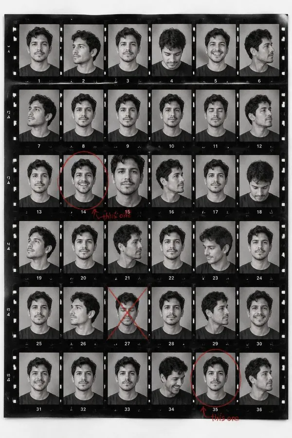 Contact sheet made from one photo, black-and-white frames with red pencil marks