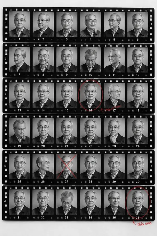 Contact sheet made from one photo, black-and-white frames with red pencil marks
